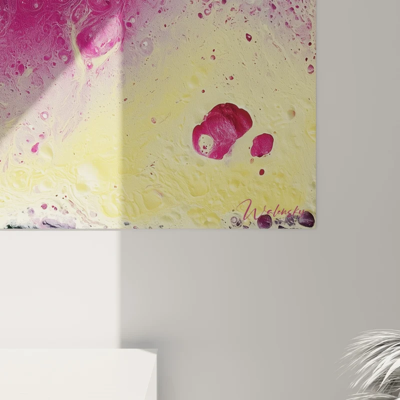 Tableau Coulée alvéolée magenta et jaune crevassée - Cratères noirs abyssaux - Edition style Peinture abstrait