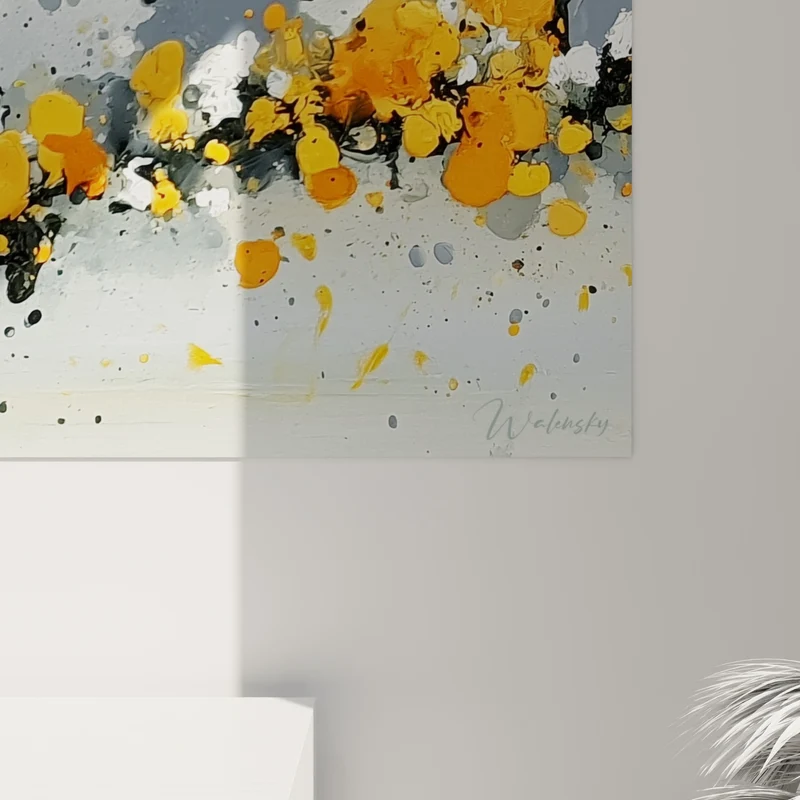 Tableau Éclaboussures orange et gris en constellation - Traînée de gouttelettes - Edition style Peinture abstrait