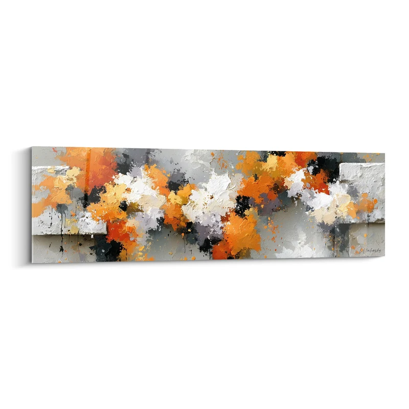 Tableau Éclaboussures orange et anthracite sur mur clair - Éruption picturale - Edition style Peinture abstrait
