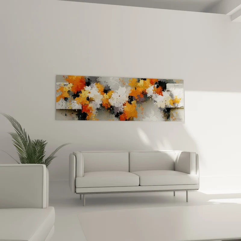 Tableau Éclaboussures orange et anthracite sur mur clair - Éruption picturale - Edition style Peinture abstrait