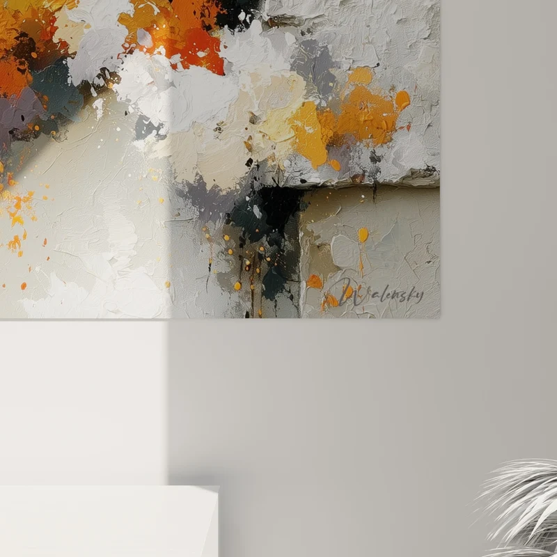 Tableau Éclaboussures orange et anthracite sur mur clair - Éruption picturale - Edition style Peinture abstrait