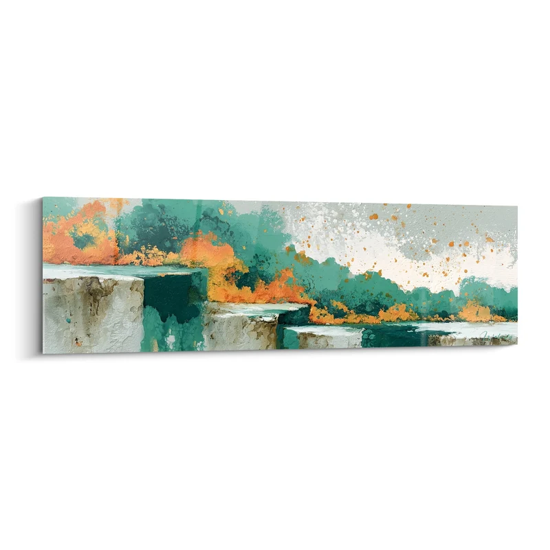 Tableau Vagues sarcelle et éclats orangés - Rivage incandescent - Edition style Peinture abstrait