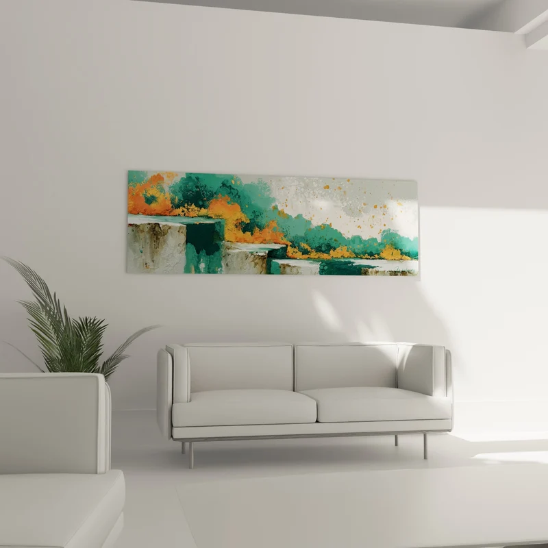 Tableau Vagues sarcelle et éclats orangés - Rivage incandescent - Edition style Peinture abstrait