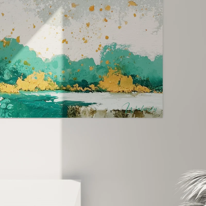 Tableau Vagues sarcelle et éclats orangés - Rivage incandescent - Edition style Peinture abstrait