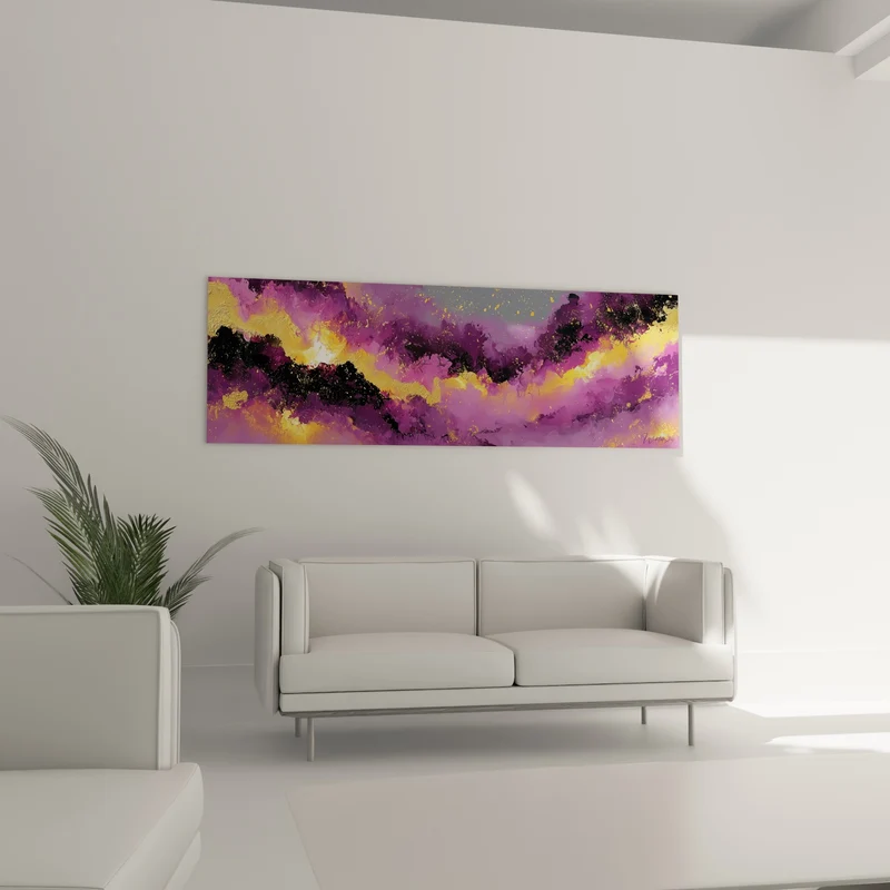 Tableau Nébuleuse violette et dorée aux crêtes noires - Éclat stellaire pourpre - Edition style Peinture abstrait
