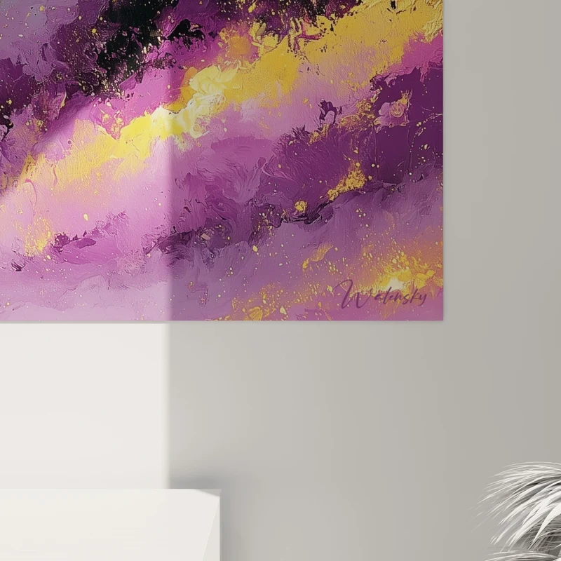 Tableau Nébuleuse violette et dorée aux crêtes noires - Éclat stellaire pourpre - Edition style Peinture abstrait