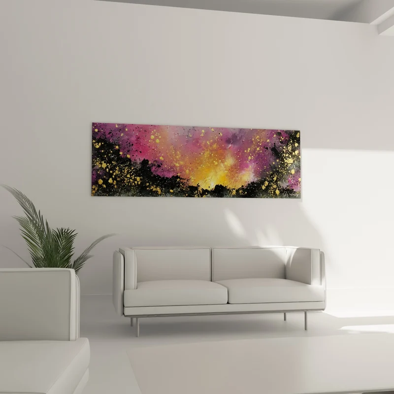 Tableau Nébuleuse dorée aux éclats violets - Éveil cosmique - Edition style Peinture abstrait