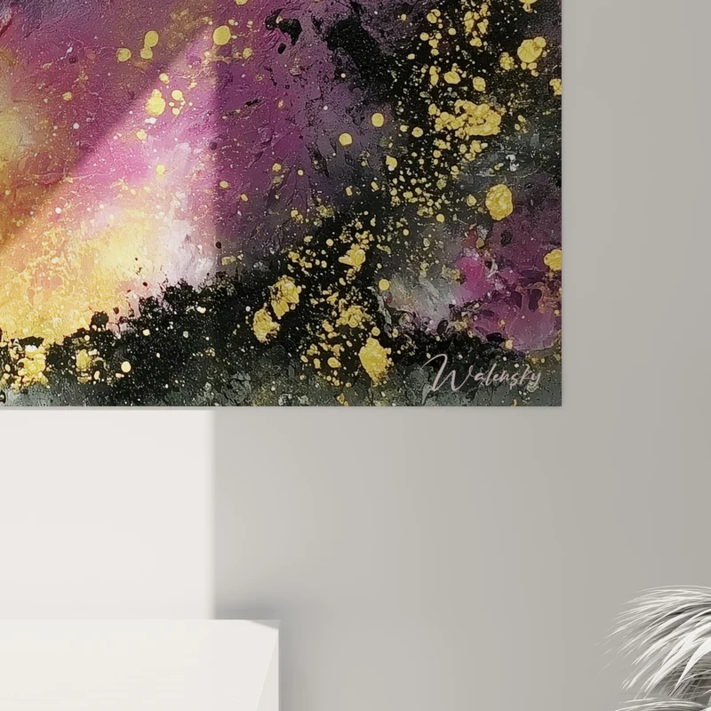 Tableau Nébuleuse dorée aux éclats violets - Éveil cosmique - Edition style Peinture abstrait