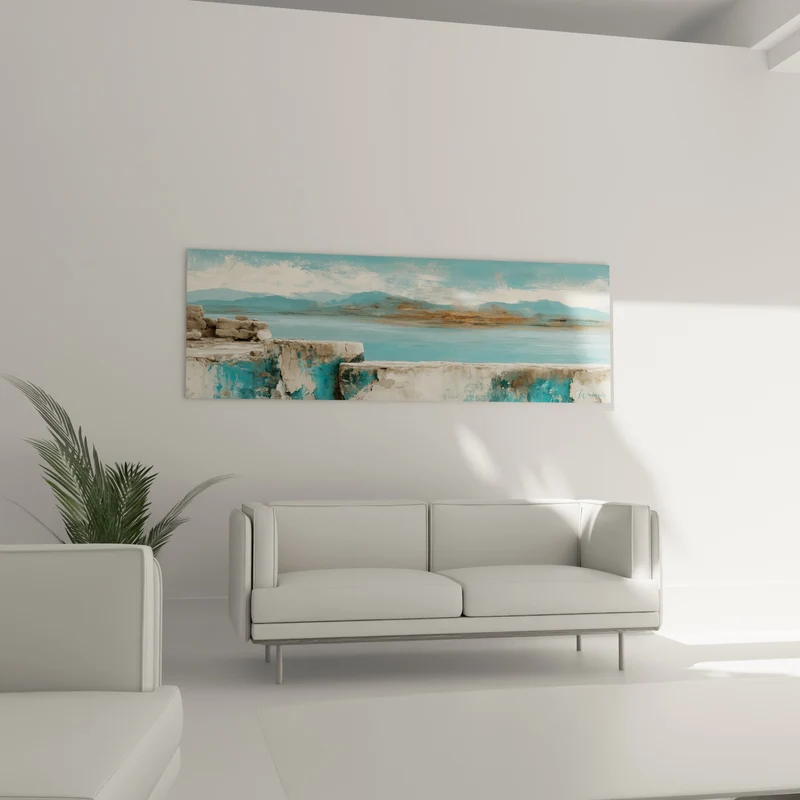 Tableau Muret côtier turquoise et sable ocre - Rivage oublié - Edition style Peinture abstrait