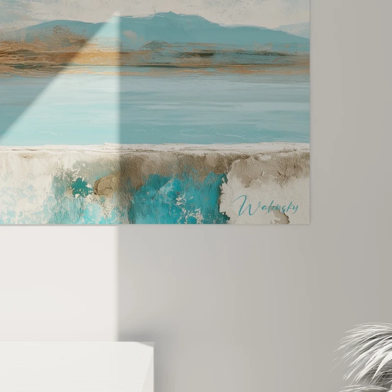 Tableau Muret côtier turquoise et sable ocre - Rivage oublié - Edition style Peinture abstrait
