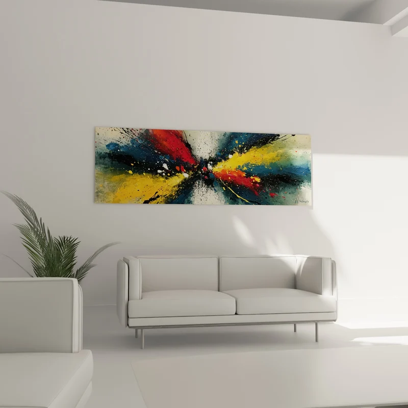 Tableau Nœud papillon jaune et bleu marine éclaté - Point de convergence lumineux - Edition style Peinture abstrait