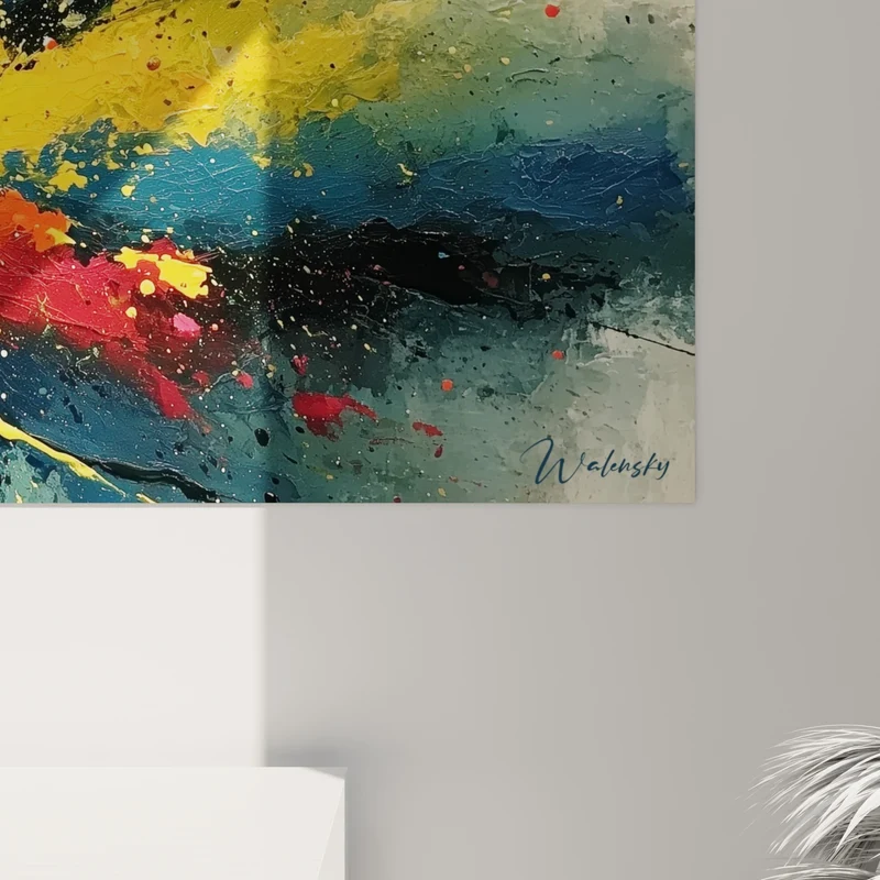 Tableau Nœud papillon jaune et bleu marine éclaté - Point de convergence lumineux - Edition style Peinture abstrait