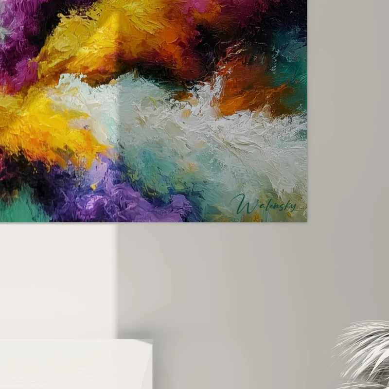 Tableau Nuée blanche et safran aux volutes croisées - Reflets pourpres profonds - Edition style Peinture abstrait