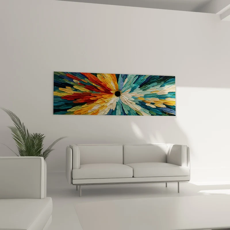 Tableau Explosion florale bleue et orangée en relief - Souffle d'éclosion - Edition style Peinture abstrait