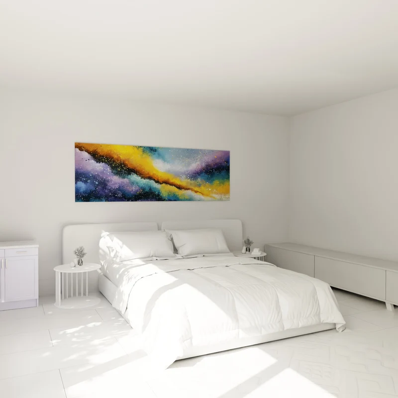 Tableau Nébuleuse violette et dorée aux poussières d'étoiles - Traînée cosmique panoramique - Edition Artistique abstrait