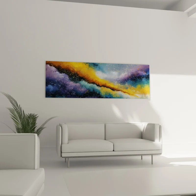 Tableau Nébuleuse violette et dorée aux poussières d'étoiles - Traînée cosmique panoramique - Edition Artistique abstrait